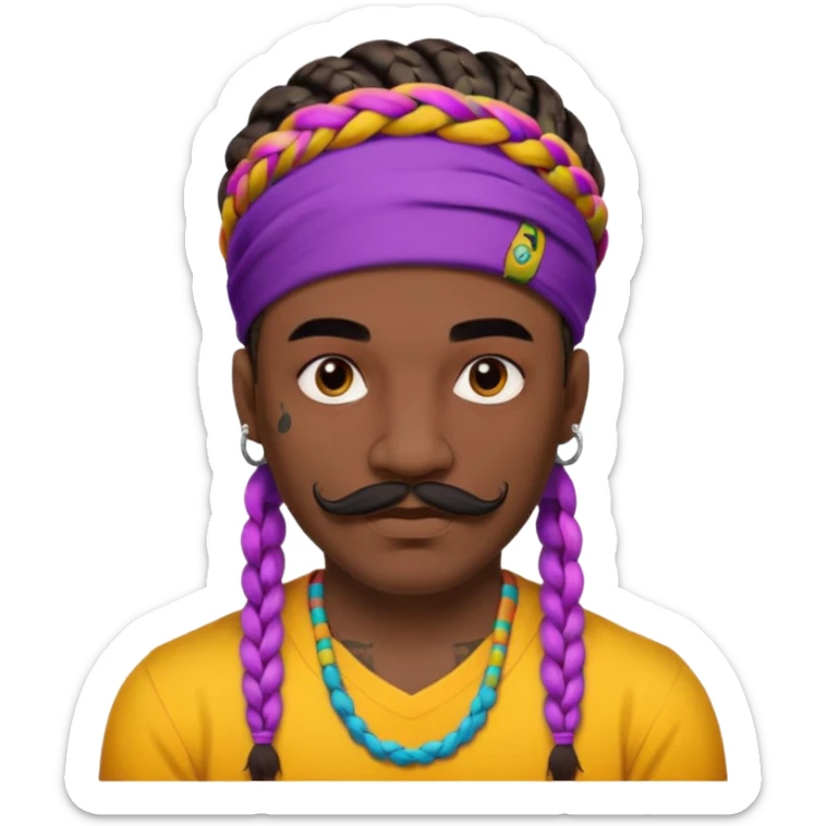 big lose braids starting from the top of the head man with mustache face wiith big visible braids and mono color headband on head  face and braids as big as headband and lots and lots of face tattoos colored tattoos like a tattoo artist hair unique color sticker