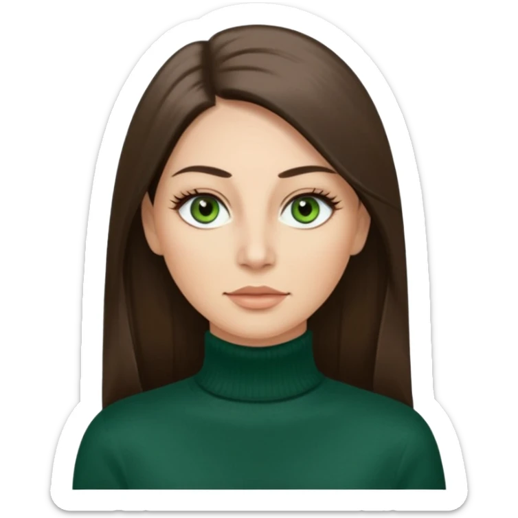 40 year old Adult woman avatar, light skin tone, oval face, long straight ashy brown hair, green almond-shaped eyes with dramatic eyelashes and minimal eyeliner, neutral mouth, medium straight eyebrows, small nose, smooth skin sticker