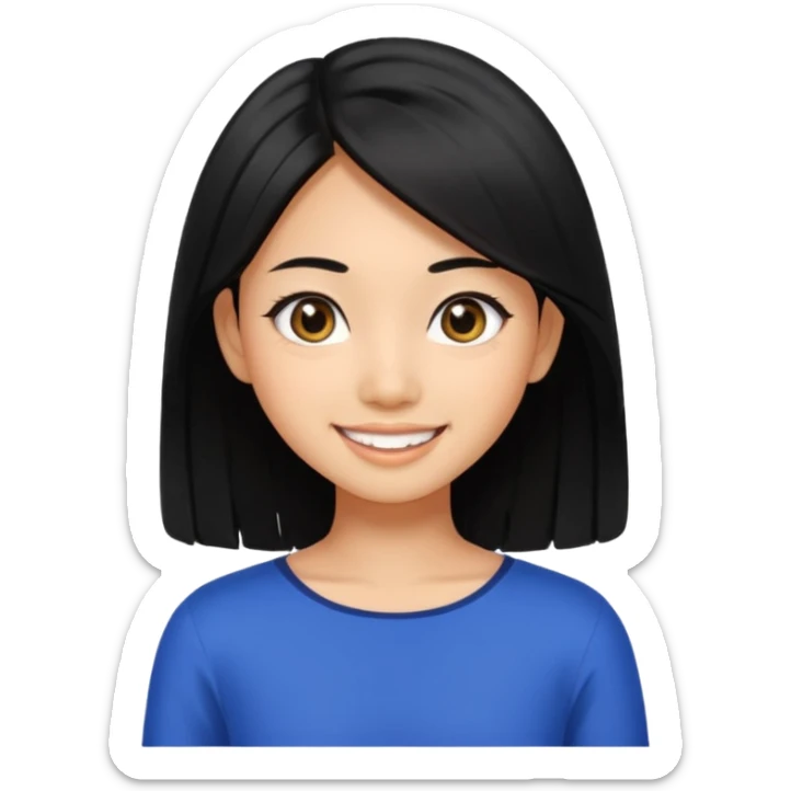 20 yr old asian woman hair  center part big eyes big smile tanned skin straight black hair hippie part hair shoulder length hair sticker