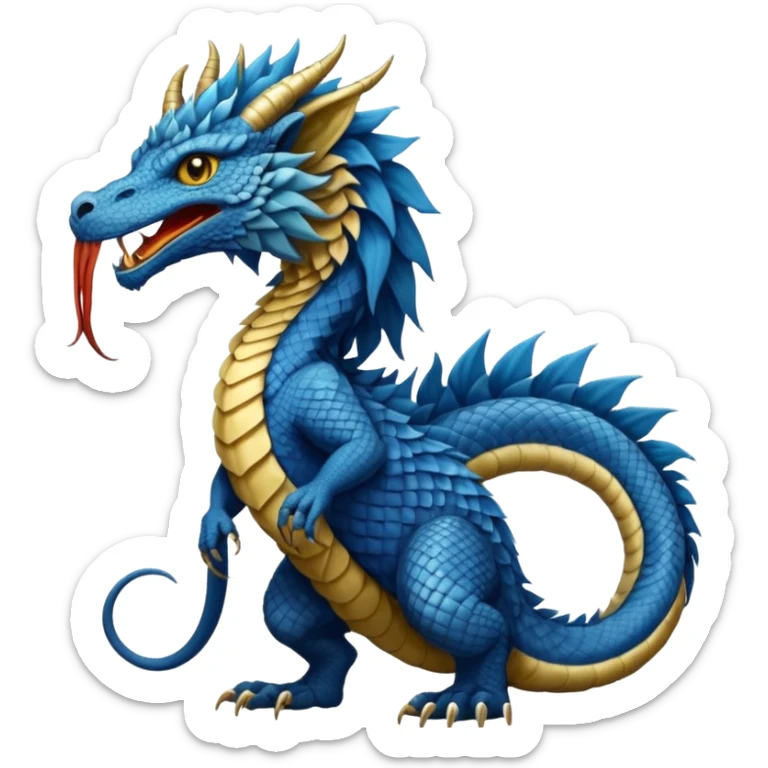 Mušḫuššu, ancient Mesopotamian hybrid, blue scaled body, lion mane, lion forelegs, eagle hind legs, long neck, horned dragon head, lizard tail, snake tongue, no wings, divine, terrifying sticker