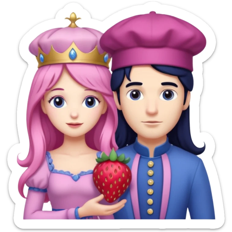pale blueberry prince man Handsome with long black hair blueberry hat and clothes. He is standing  next to pale strawberry princess woman with strawberry hat eyelashes long pink hair and Pink strawberry dress with purple grape baby sticker