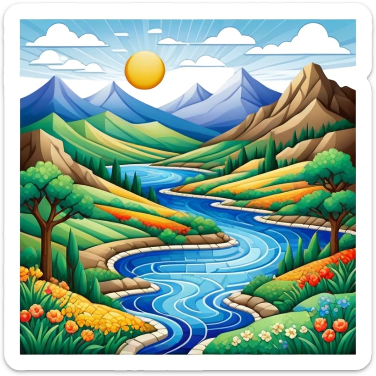 Mosaic art icon, colorful tiles forming a detailed picture, like a landscape, intricate patterns, some tiles in process of placement, minimalistic style, clean lines, transparent background. sticker