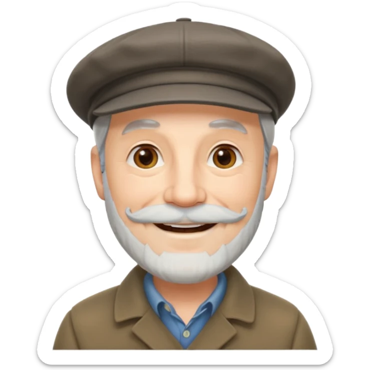 emoji of a gentleman in his 70s, gray beard, wearing a flat cap, cheerful look sticker