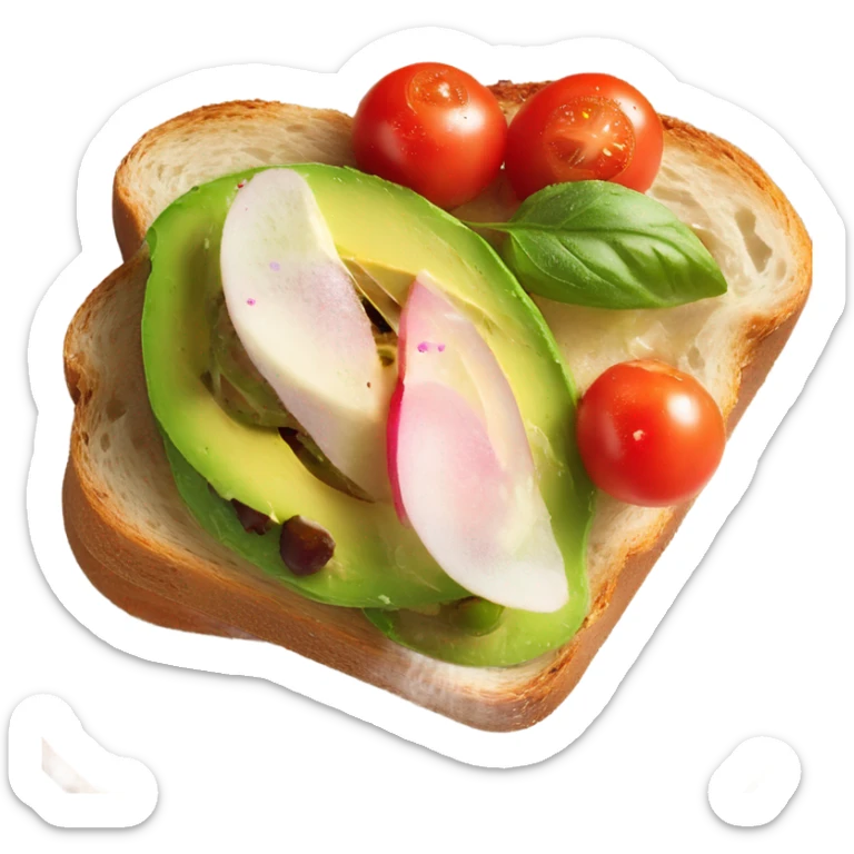 An avocado toast on long slide of bread with cherry tomatoes and radish on top  sticker