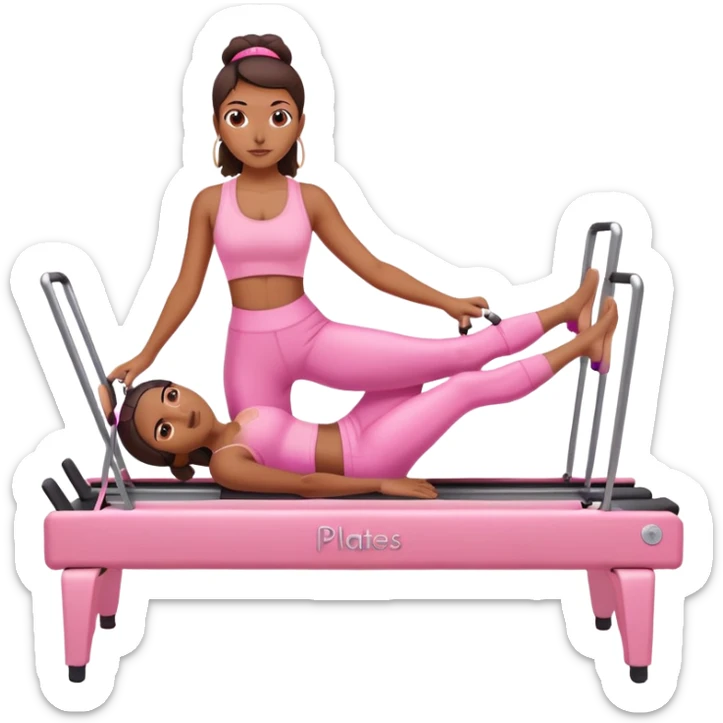 Brown girl in pink outfit on pink reformer pilates sticker
