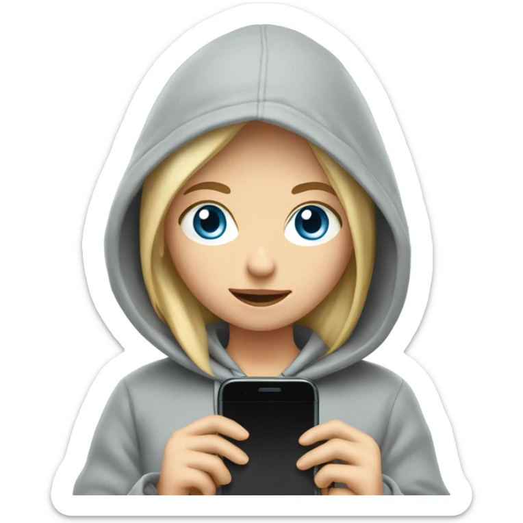 A blond girl with blue eyes that is wearing a grey hoodie and has a phone sticker