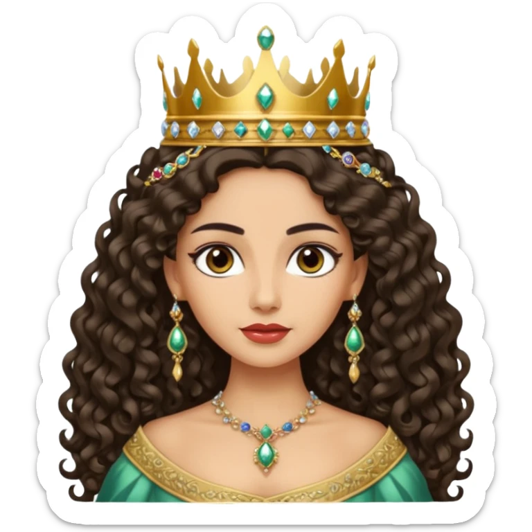 Queen with long dark curly hair, dark brown eyes, light olive skin tone sticker