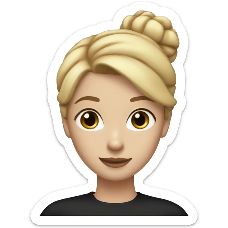a woman with freckles, blue eyes, light skin, blonde straight hair with a bun. black shirt. sticker