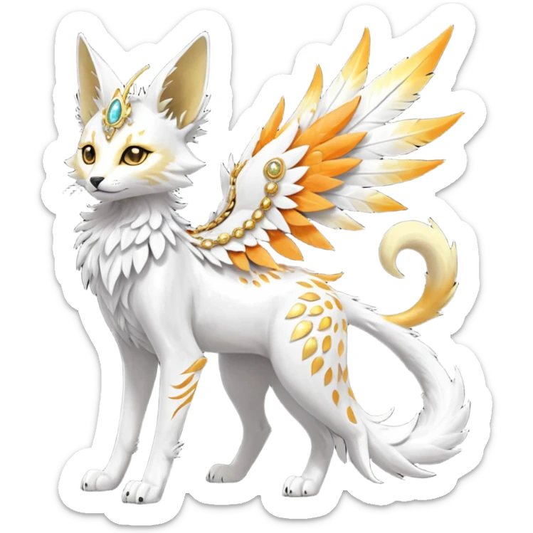 Epic complex fantasy glorious detailed futuristic divine godly angelic feathery sunny, white, albino, pastel, golden, orange glowing sparkly, realistic Fakémon-Sprigatito-Floragato-Meowscarada-Trico-Sergal-Serval-Solgaleo-Vernid-creature (full body) solarpunk, shiny sparkly, iridescent sticker