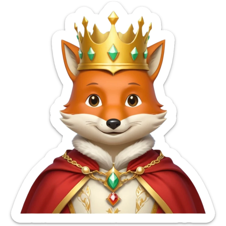 fox king portrait, head and shoulders only, elegant golden crown, noble cloak collar, clever confident smile, fantasy kingdom vibe, 3D cartoon, mobile game icon style, clean background, no text, no watermark
 sticker