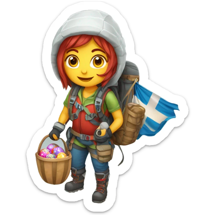 Female winter mountain climber red loose hair climbing with Greek flag on backpack and holding Easter eggs basket sticker