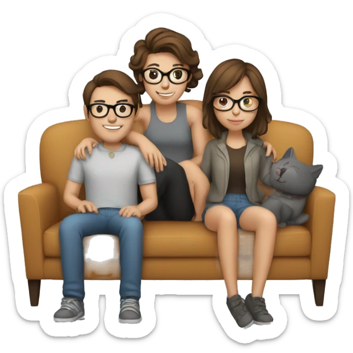 a couple, girl brown hair, glasses, man brown air and 2 cats in a gray couch sticker