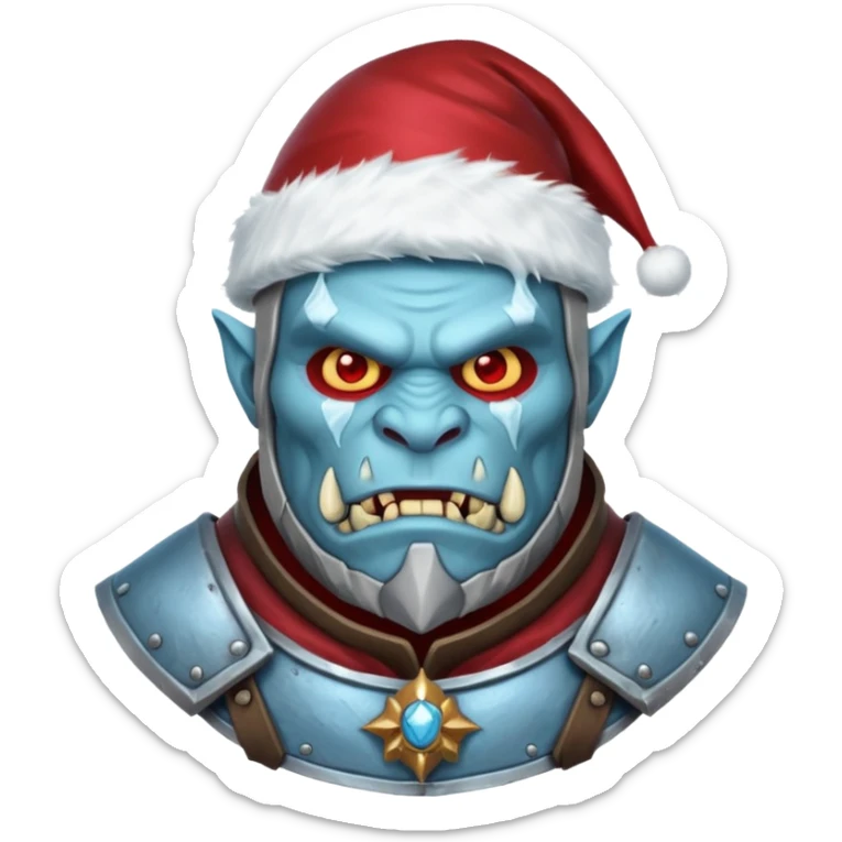 
Fantasy Christmas orc legion soldier icon, iron tundra army theme, heavy winter armor, disciplined brutal look, icy blue steel armor with deep crimson accents, frozen metal texture, cold winter atmosphere, male variant sticker