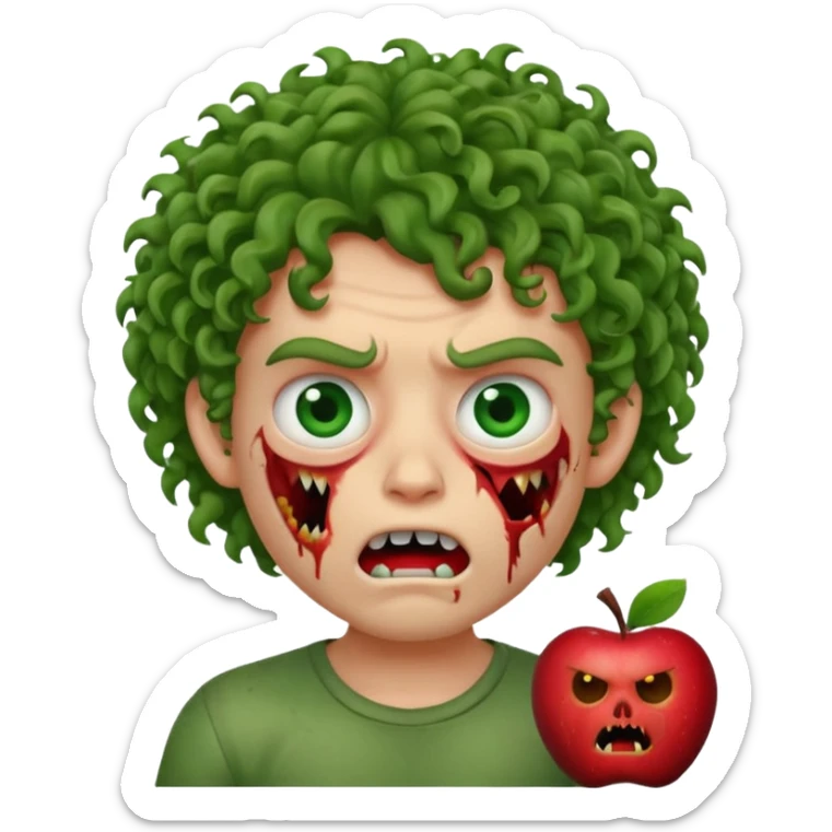 Zombie apple Memoji curly hair boy with growling face with one open and stich under eye  sticker