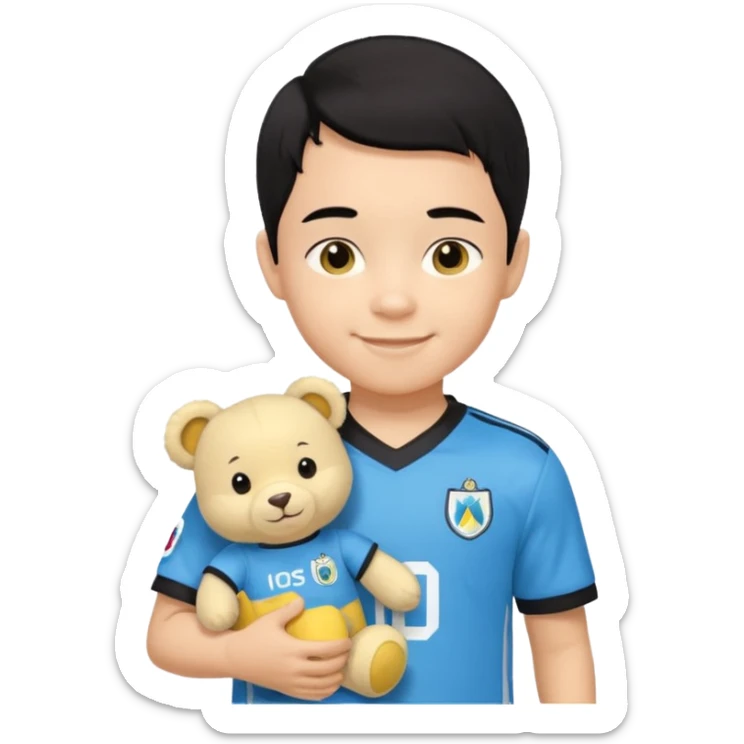 Un enfant qui a les cheveux noir sur le coter qui sourit il a un maillot de l’om et qui a un petit doudou jaune sur son epaule sticker