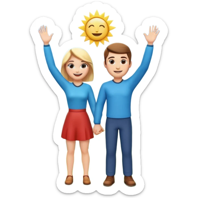 A 3D cartoon couple on top of a hill raising hands in victory, sunny sky and nature background, Memoji-style. sticker