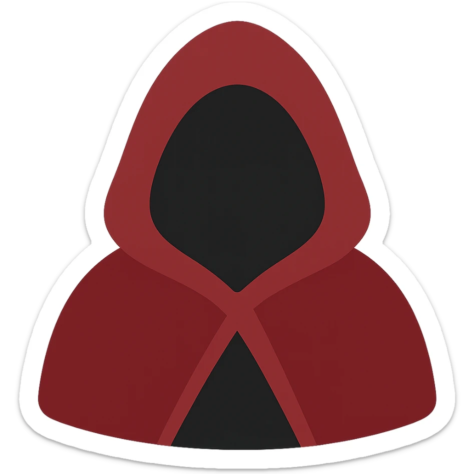 Convert to a color icon style with a dark red hooded figure, fantasy vibe, subtle shadows, emphasizing deep red and black tones, no background. sticker