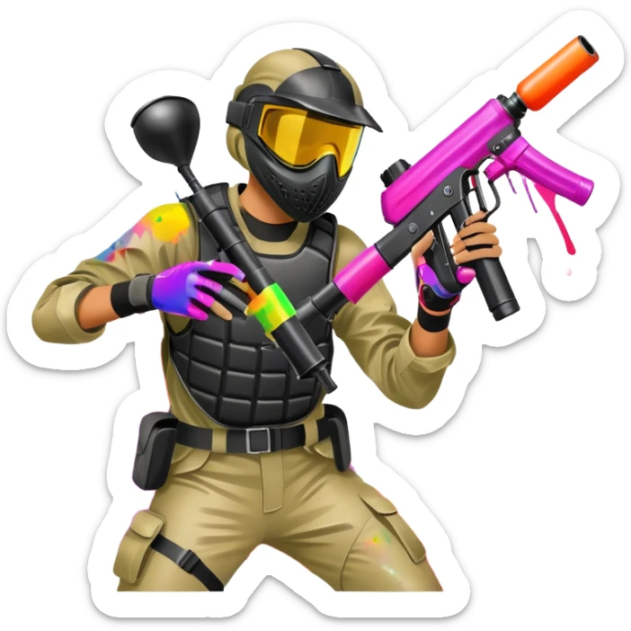 A dynamic scene of a player in action, holding a paintball gun and wearing protective gear. The background shows a vibrant paintball field with obstacles, colorful splatters of paint in the air, and an intense, competitive atmosphere. sticker