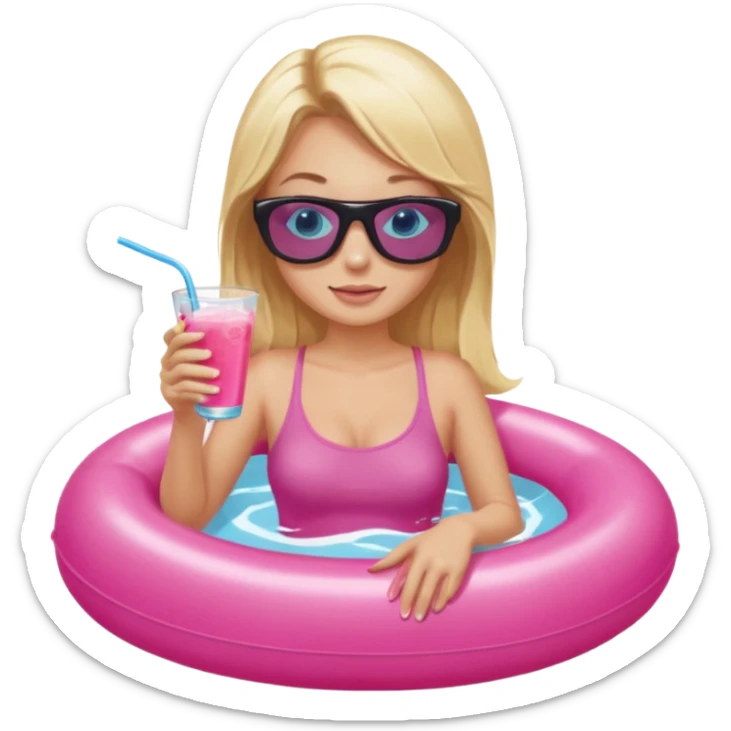woman with blonde hair and blue eyes sitting in pink pool tube in a pool sipping a drink sticker