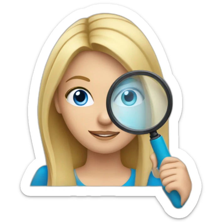Blonde hair blue eyes woman looking at a laptop with a magnifying glass sticker