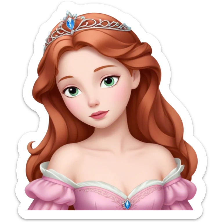 Cinematic Elegant Sleeping Beauty Portrait Emoji, rendered in a realistic, vector-style with minimal shading and bold, simplified shapes. Depict Aurora (Sleeping Beauty) (chest and above) with delicate porcelain skin, soft auburn hair styled gracefully, and gentle, dreamy eyes, dressed in her classic pink gown. The image glows with a soft, enchanting radiance and high shine, capturing timeless regal beauty. sticker