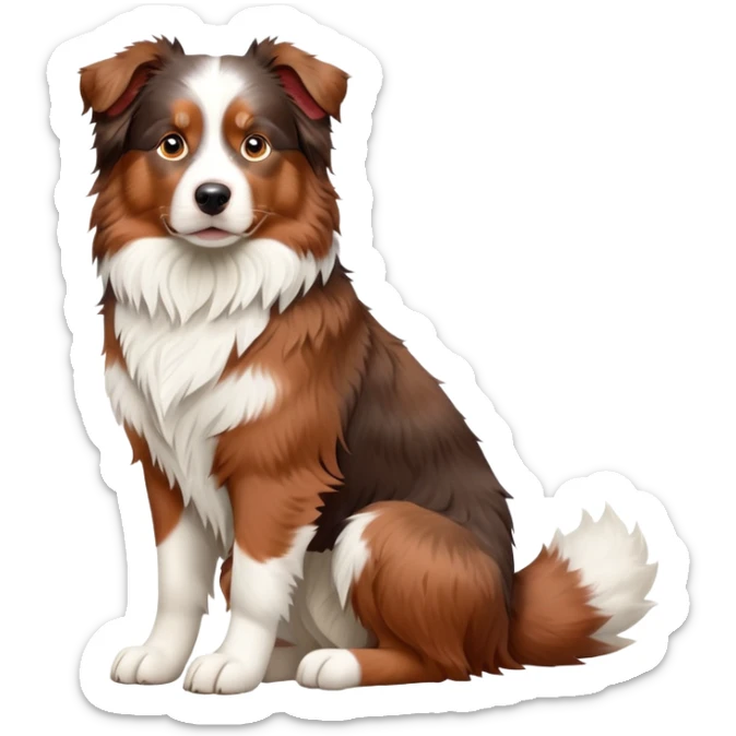 cinematic-[australian shepherd dog]-realistic-full-body-sitting-emoji,-tail-resting-loosely-beside-its-paws,-head-tilted-dramatically,-scruffy-[white faced and red merle]-fur,-simplified-yet-realistic-focused-features,-highly-detailed,-glowing-with-an-almost-sarcastic-glow sticker