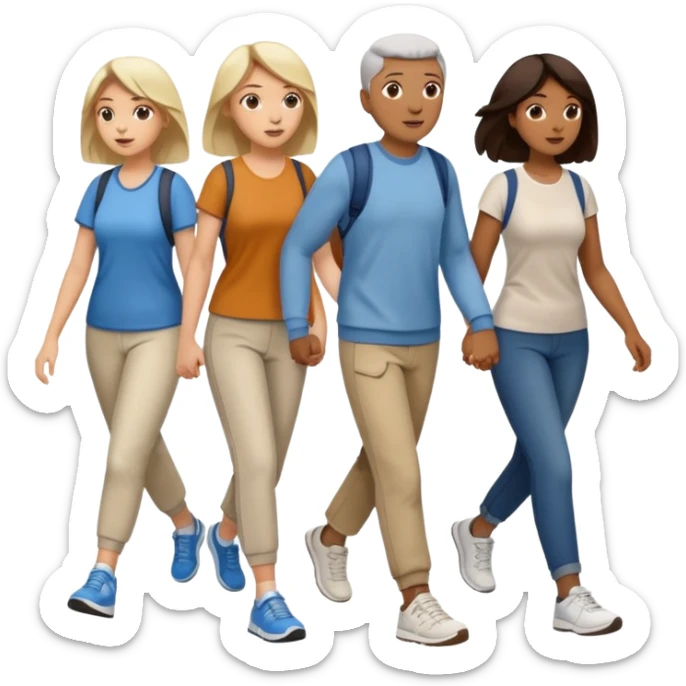 iOS emoji style - a men and 2 women in casual clothes and wearing trainers. Walking in the same direction quickly together. 
Not holding hands. 
 sticker