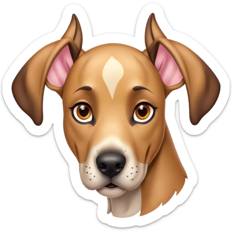 Cinematic Cute Fawn Great Dane Portrait Emoji, Head tilted playfully and inquisitively, showcasing a glossy fawn Fur with a subtle luster, round, sparkling amber eyes filled with curiosity, Simplified yet irresistibly adorable features, highly detailed, glowing with a warm, friendly glow, high shine, affectionate and gentle, stylized with a touch of whimsy, bright and endearing, soft glowing outline, capturing the essence of a mischievous yet loving pup, so playful it feels like it could lumber out of the screen and into your arms! sticker