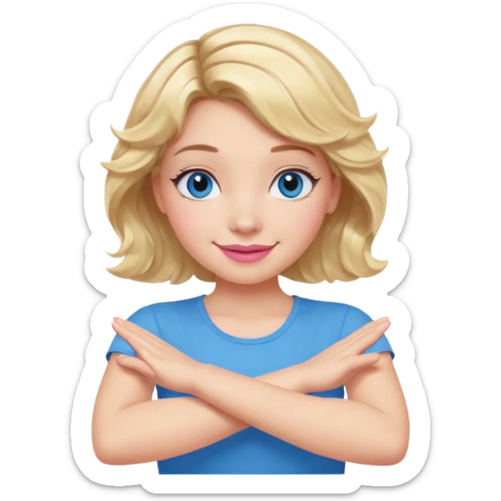Girl Blonde short wavy hair,  blue eyes, cute blue top, long lashes, pink lips, smiling, making cross arms X with arms  sticker