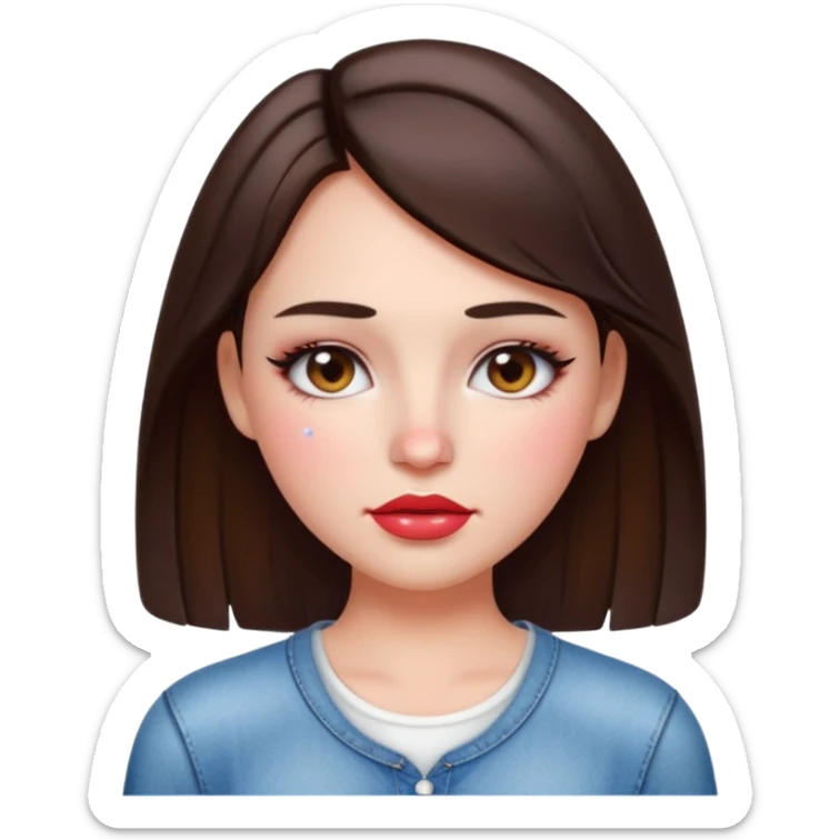 “Emoji brunette girl white top, dewy skin, heavy blush across cheeks and nose bridge, glossy cherry lips, soft eyeliner, teary sparkling eyes like hanni from new jeans sticker