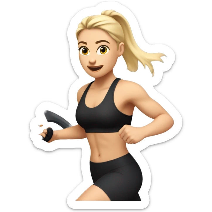 Girl with blonde hair in a ponytail running on a treadmill, she is wearing black leggings and a black sports bra sticker
