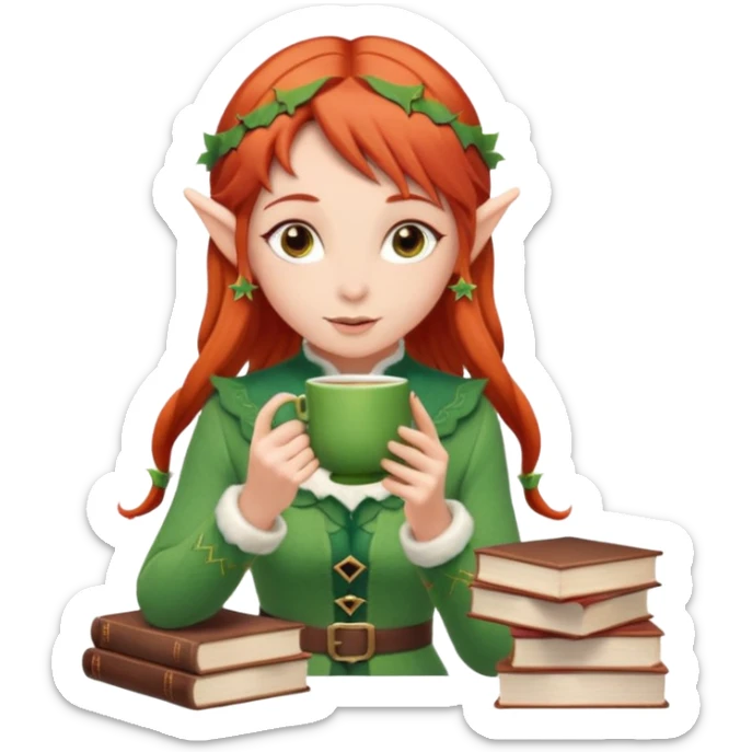 Red hair elf-like girl sipping tea with a stack of books beside her  sticker