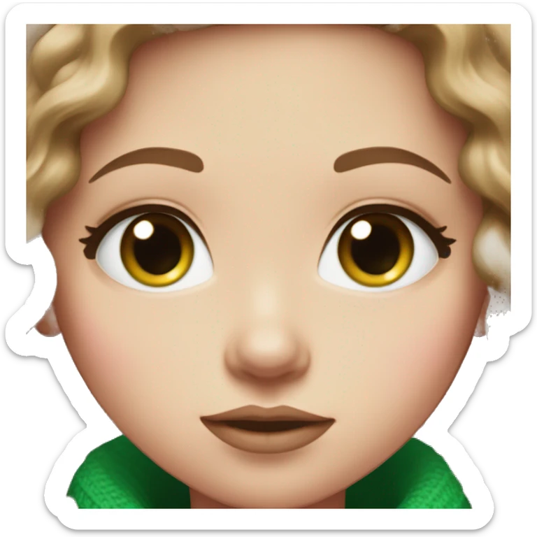 White girl with brown long curled hair and green eyes and a pink sweater big lips red sticker