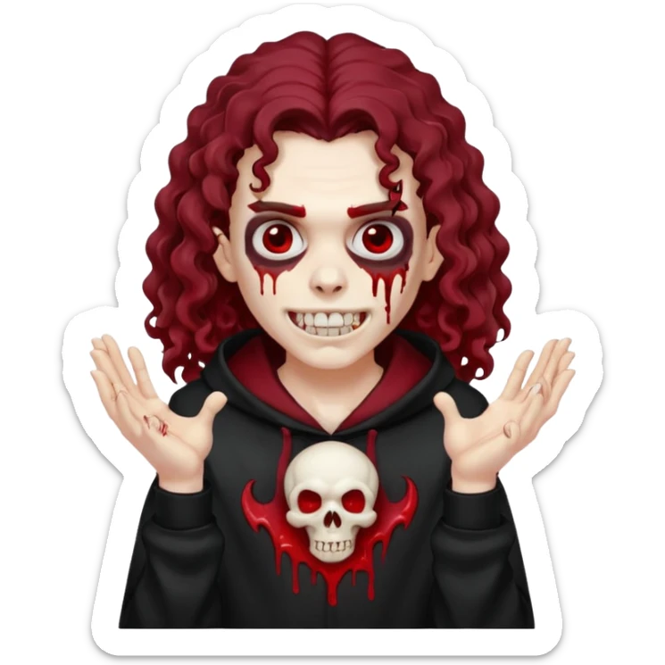 Vampire wearing a black hoodie with a skull logo on it, long curly hair that covers the forehead, fanged teeth and blood on hands sticker