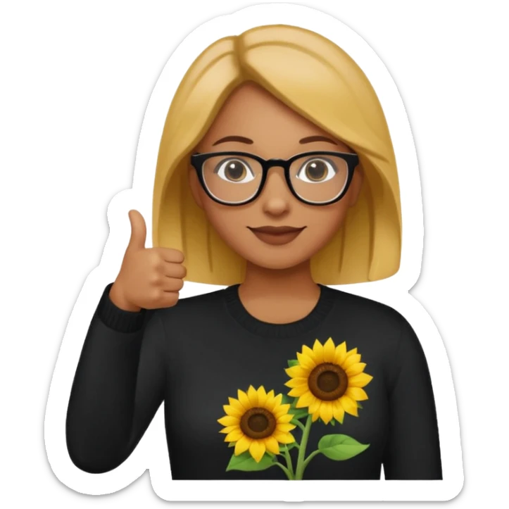 Make my biology teacher shes light brown, wears glasses, female, fat, all black sweater down and sunflower shirt under and make her give 1 thumbs up sticker