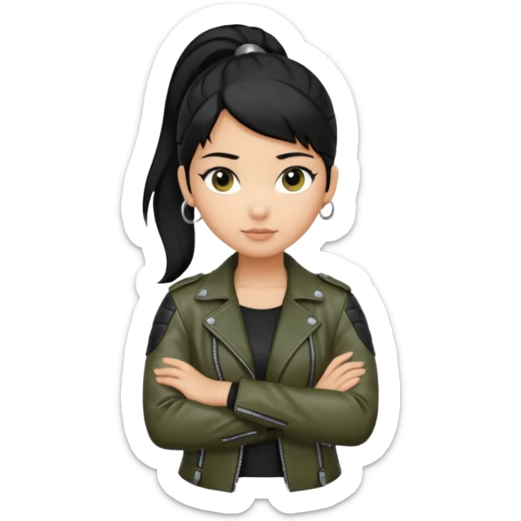 A girl with a pony tail black hair and olive ish skin, Asian eyes, with a black jacket and a black purse with arms crossed  sticker