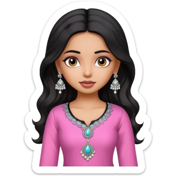 a pretty bratz fair indian girl wearing a pink kurti,  Silver jhumkas, black wavy hair sticker