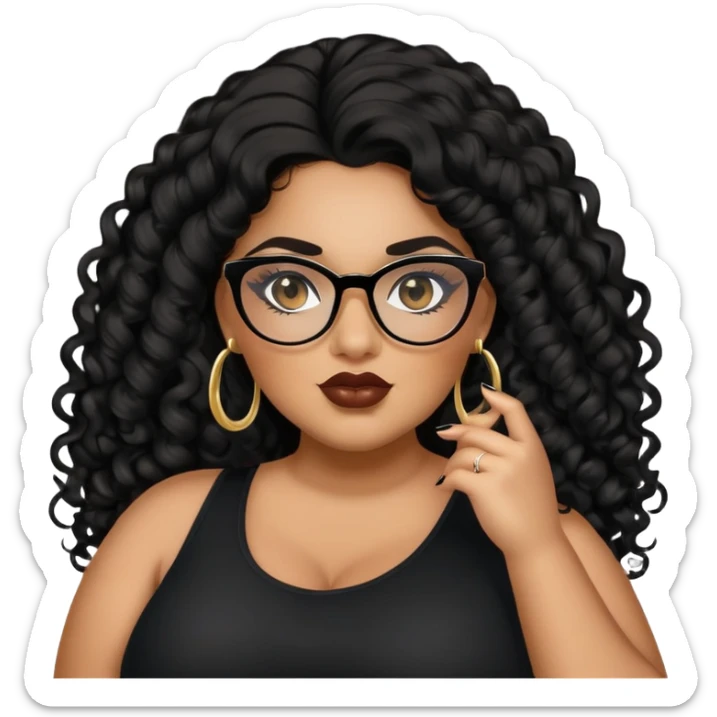 big plus size, latina, darker tan skin, long black curly hair, baddie,pretty, makeup, lipgloss, black eyeliner, long hair, small gold earrings, black top, black glasses sticker