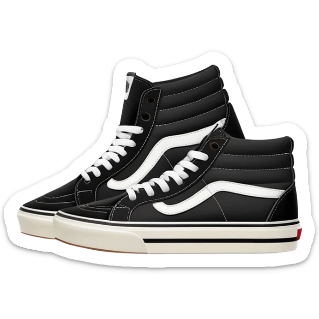 Minimalist iOS-style emoji of a pair of black Vans Sk8-Hi sneakers, one behind the other, simplified flat design, clean lines, minimal details but with white side stripe sticker