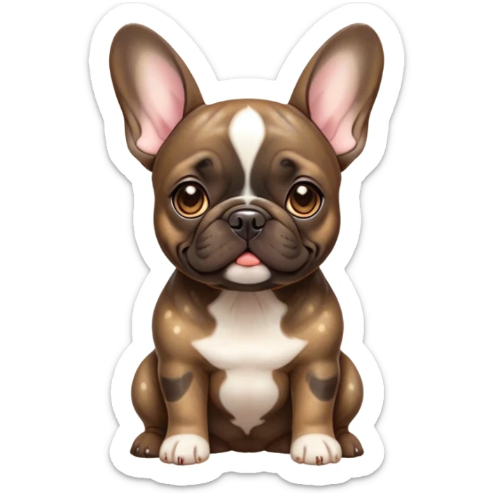 Cinematic Cute Brindle French Bulldog Portrait Emoji, Head tilted playfully and inquisitively, featuring a glossy brindle coat with a smooth texture and delicate fawn highlights, round, sparkling dark eyes filled with curiosity, Simplified yet irresistibly adorable features, highly detailed, glowing with a warm, friendly glow, high shine, affectionate and lively, stylized with a touch of whimsy, bright and endearing, soft glowing outline, capturing the essence of a mischievous yet loving companion, so playful it feels like it could prance out of the screen and into your arms! sticker
