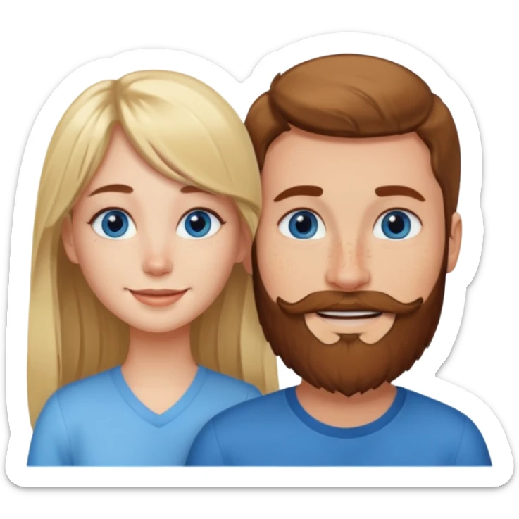 Woman with blue eyes and long blond hair and a bang in love with brown hait man with beard and freckles sticker