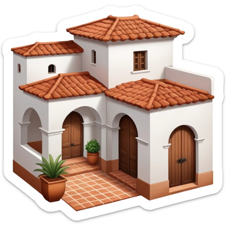 Traditional Spanish hacienda with white walls, terracotta roof, iron details, and small courtyard sticker