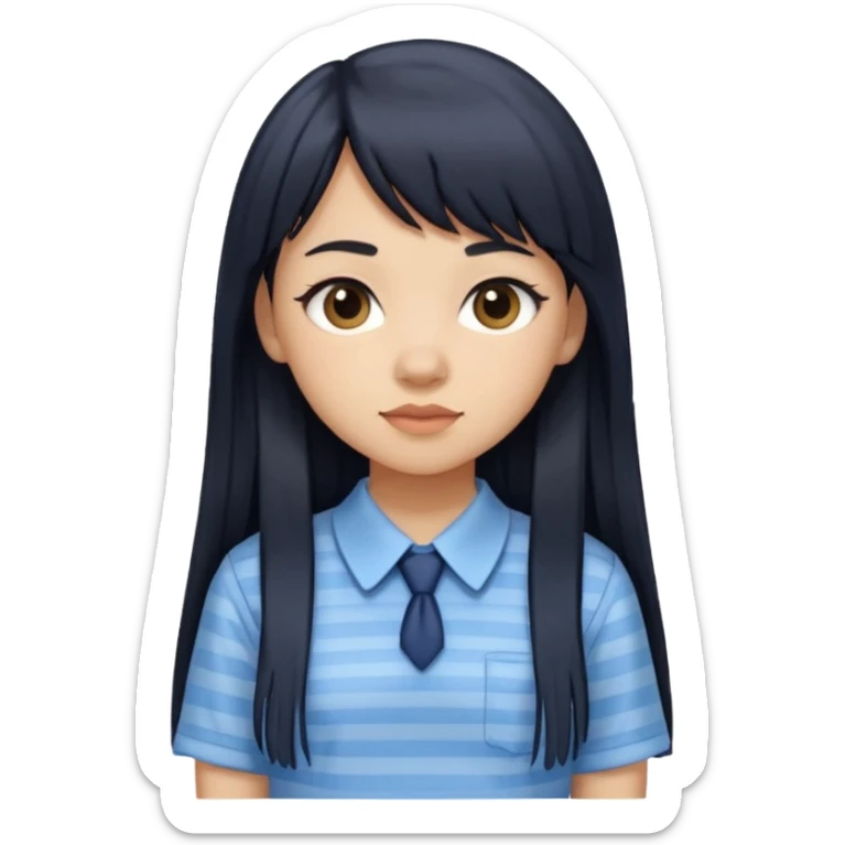 hair : black long hair with fringe 
skin : light 
cloth : light blue stripe shirt + navy long long school girl skirt



 sticker