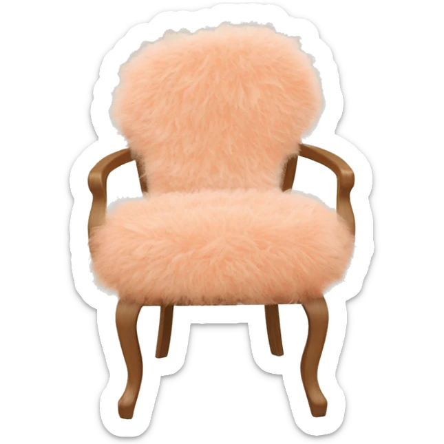 Chair with peach Mongolian curly fur seat with a vintage peach and white floral back and a natural wood frame sticker