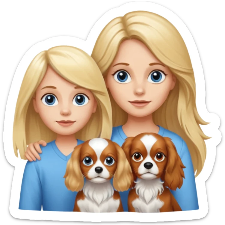 Blond Mom with a little blue eyed girl. The girl has long blonde hair. And with tricolora cavalier charles spaniel  sticker