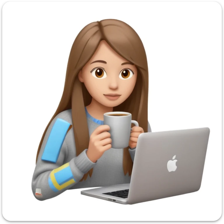 young woman 20 years old, long straight brown hair, wearing a sweater, drinking coffee and working on a laptop, 3D Apple emoji style, white background sticker