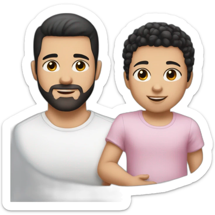 A cute white guy with buzz cut short black hair, brown eyes and a black 3 day stubble beard. said guy must be holding a cute white baby girl with curly black hair and big brown eyes sticker