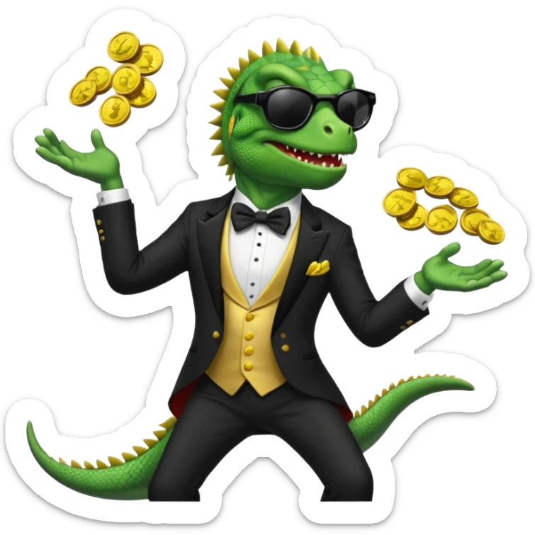 capitalist iguana banker in tuxedo and black sunglasses jongling with coins sticker