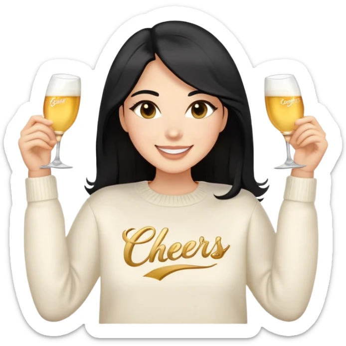 A woman with longer black hair, light to medium skin tone, full cheeks, and almond-shaped eyes, wearing a simple white sweater with the word 'cheers' in gold script, joyful and radiant expression, cheerful, emoji style, just her torso. sticker