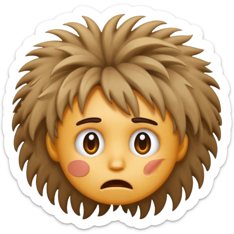 cartoon face with wild messy hair looking frustrated playful emoji style sticker